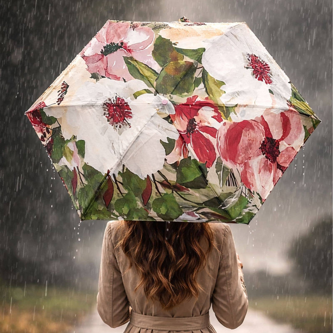 Person holding a floral umbrella in the rain