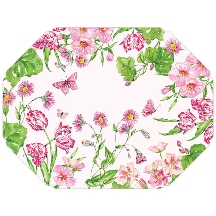 Floral placemat with pink flowers, green leaves, and butterflies on a white background