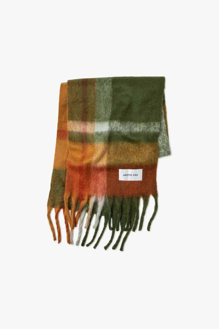 Fluffy green, yellow, orange and cream scarf with fringe. 