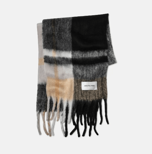 Fluffy charcoal gray, white and cream scarf with fringe.
