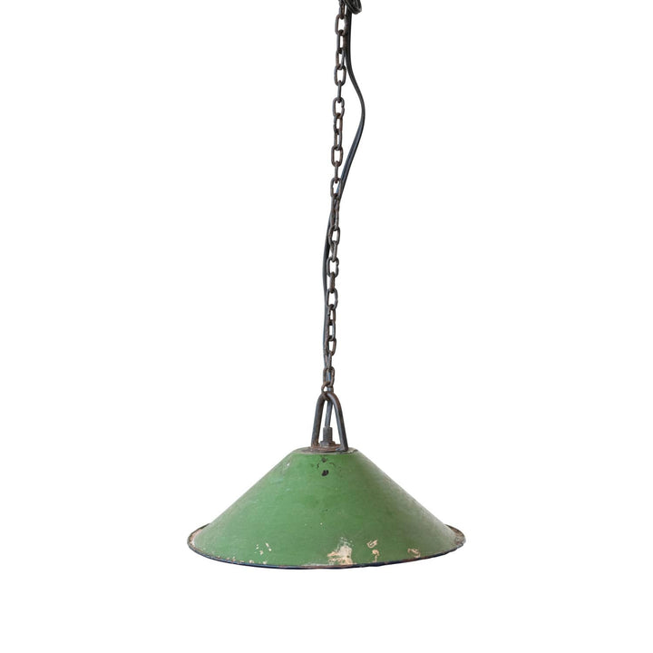 Green pendant light with chain on a white background