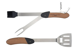 the Gentlemen's Hardware BBQ Multi-Tool enables quick flipping, spearing and bottle-opening. Crafted with a robust wooden handle and stainless steel tools, this piece is designed to be a durable addition to any outdoor setup. Small Batch new bern nc