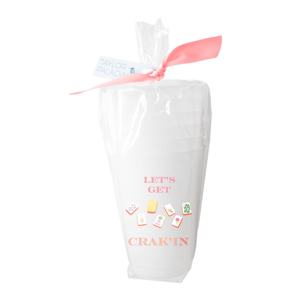 Set of six frosted plastic cups with Let's get crak'in in pink text and ribbons on a white background
