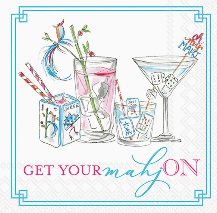 Illustration of cocktail glasses with straws and a deck of cards, featuring the text 'Get your mahjON'.