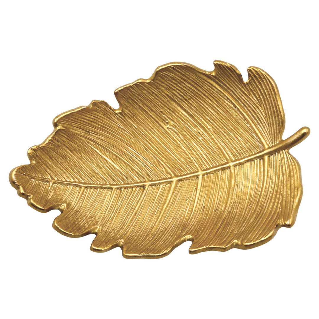 A gold-toned metal leaf-shaped tray or dish with detailed leaf veins, shown on a plain white background.