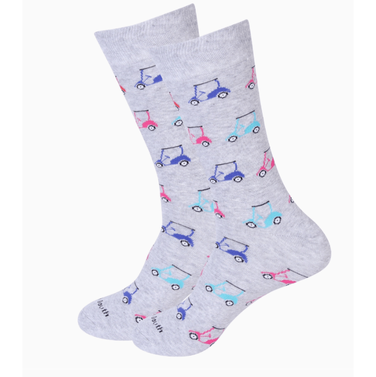 Gray socks with colorful scooter pattern on a white background