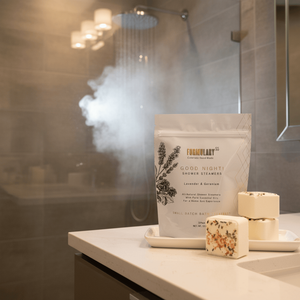 Fragranced shower steamers and soap bars on a tray with a shower in the background