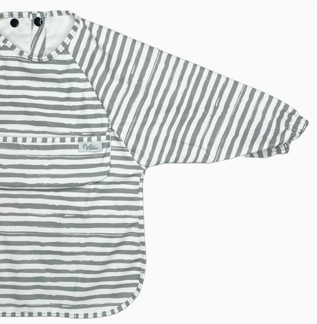 gray and white striped long sleeved bib