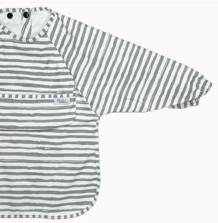 gray and white striped long sleeved bib