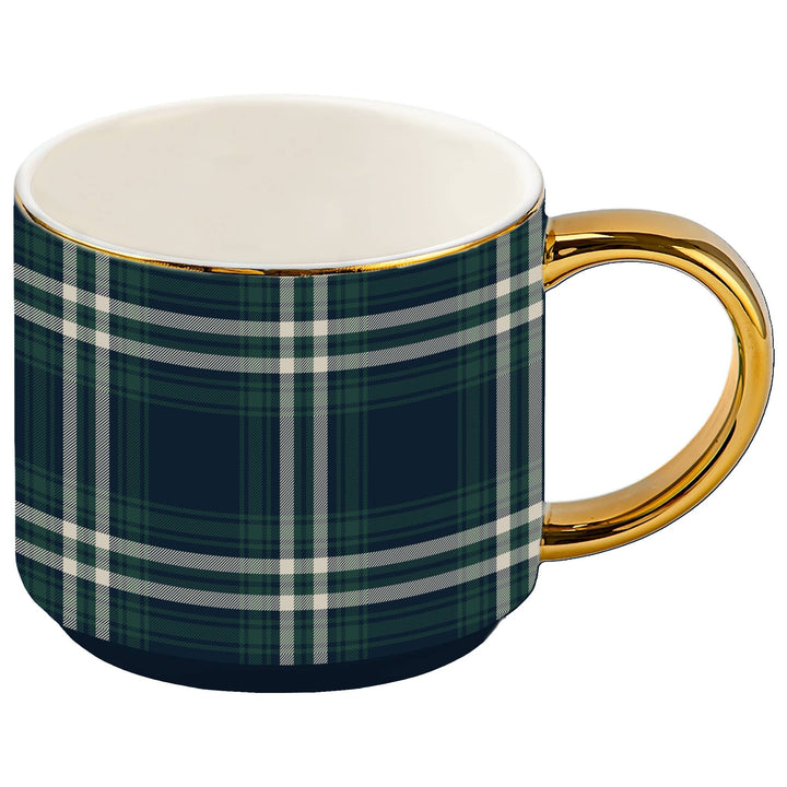 Mug with green plaid pattern and gold handle on a white background