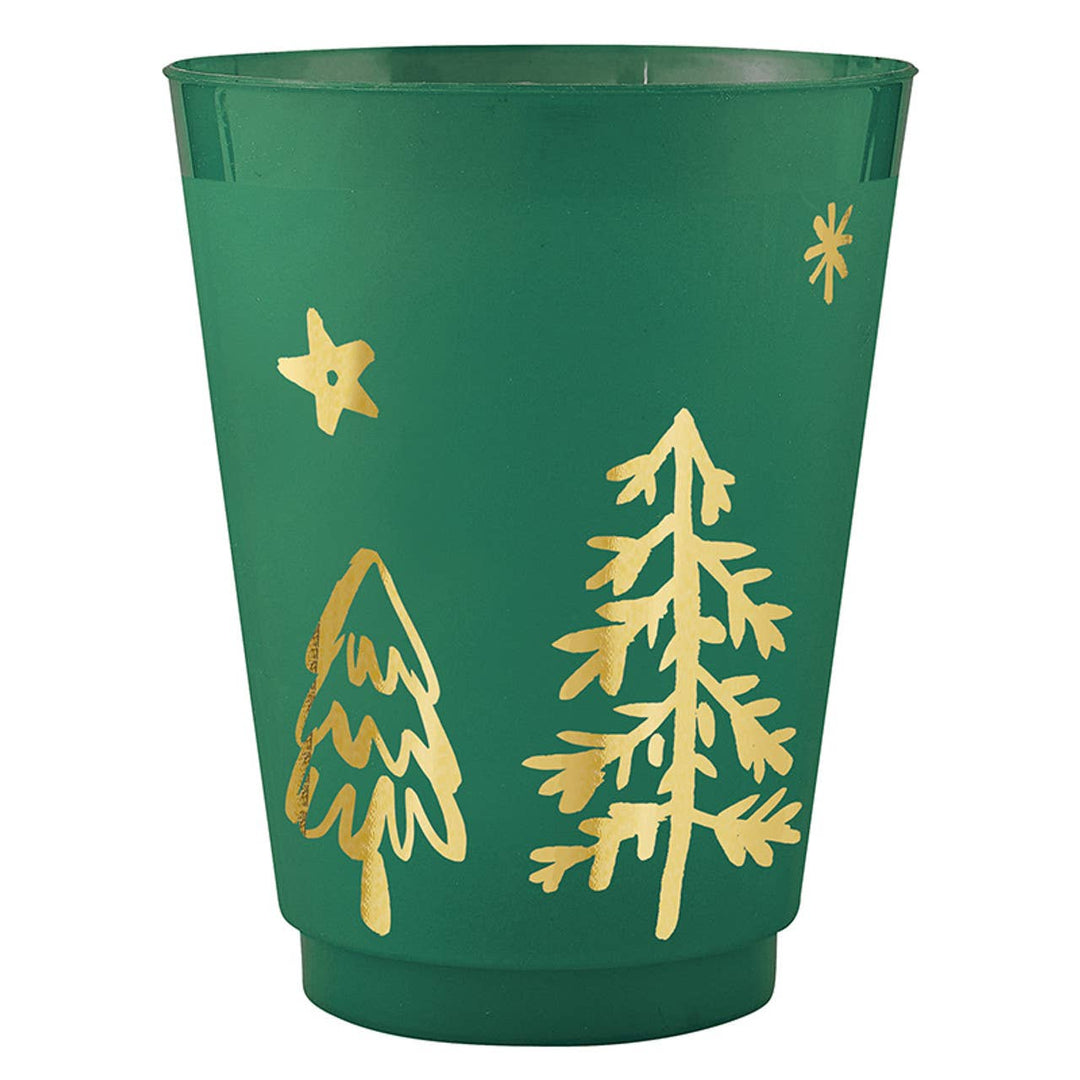Green cup with gold Christmas tree and star designs on a white background
