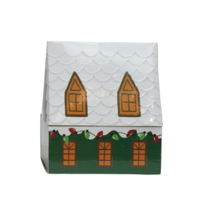 A small decorative house-shaped match box with a white scalloped roof, two orange-brown window dormers, a dark green base, and orange window details on the front, shown on a plain white background.