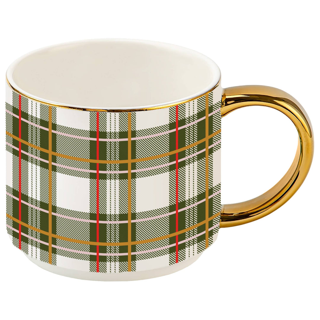 Mug with plaid pattern and gold handle on a white background