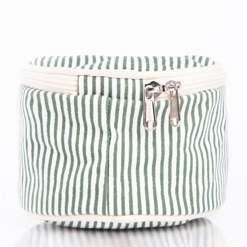 Green and white striped fabric basket with a silver zipper on a white background