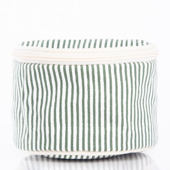 Striped fabric basket with green and white stripes on a white background