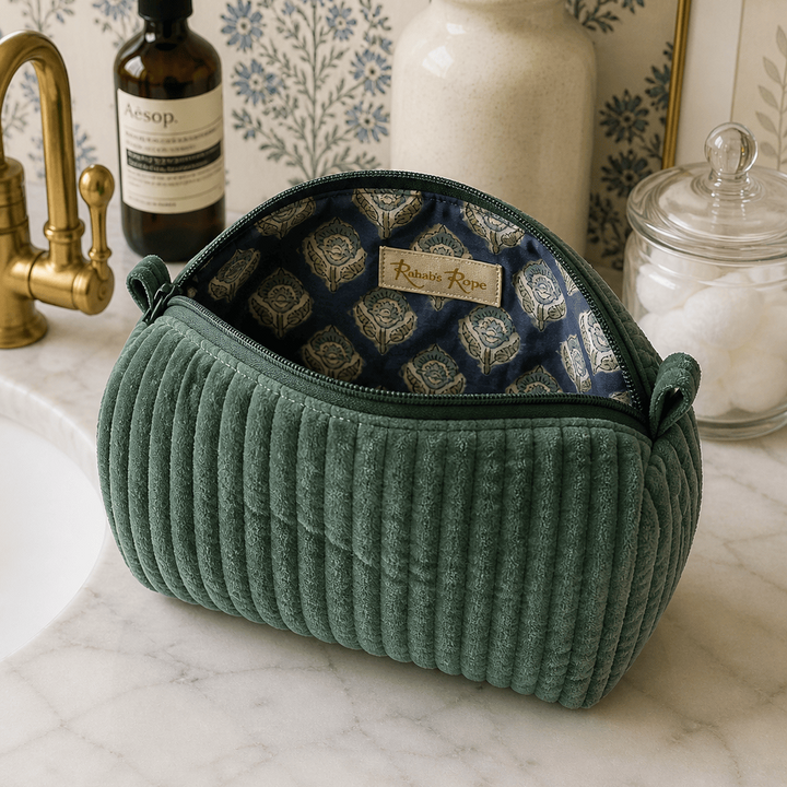 Green ribbed toiletry bag on a marble surface with decorative elements in the background.