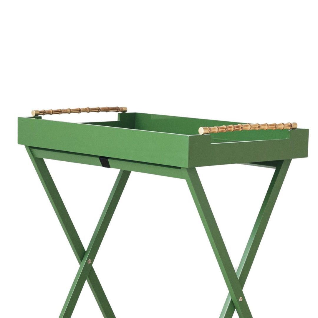 Green metal tray table with wooden handles on a white background