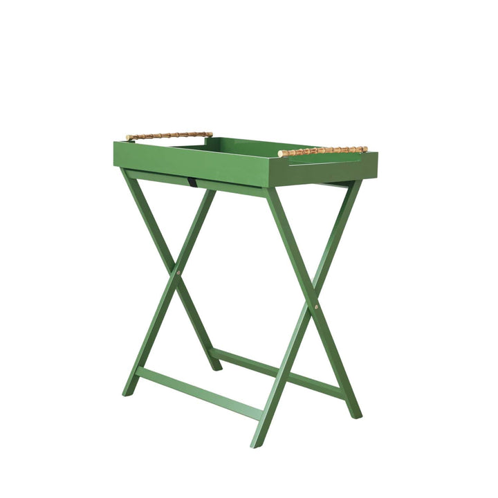 Green folding table with a tray on a white background