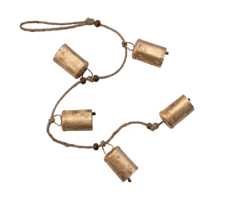 Hanging Brass bells on a string for holiday decor