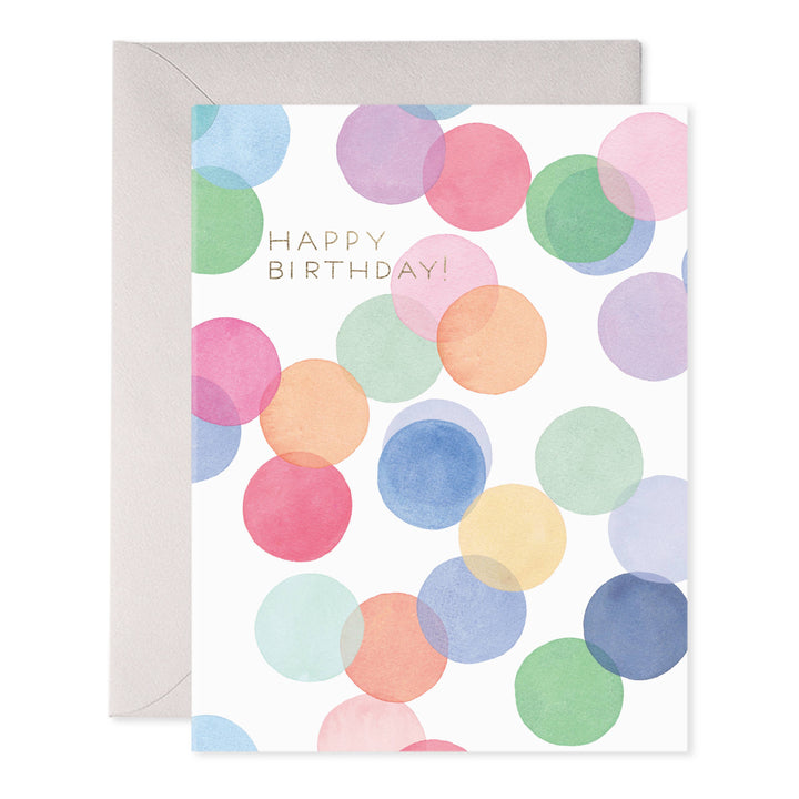 Birthday card with colorful polka dots and 'Happy Birthday!' text