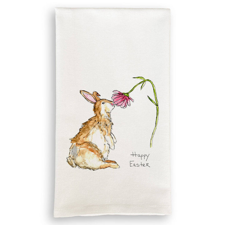 Flourish & Fete Easter towel with a bunny and flower design on a white background
