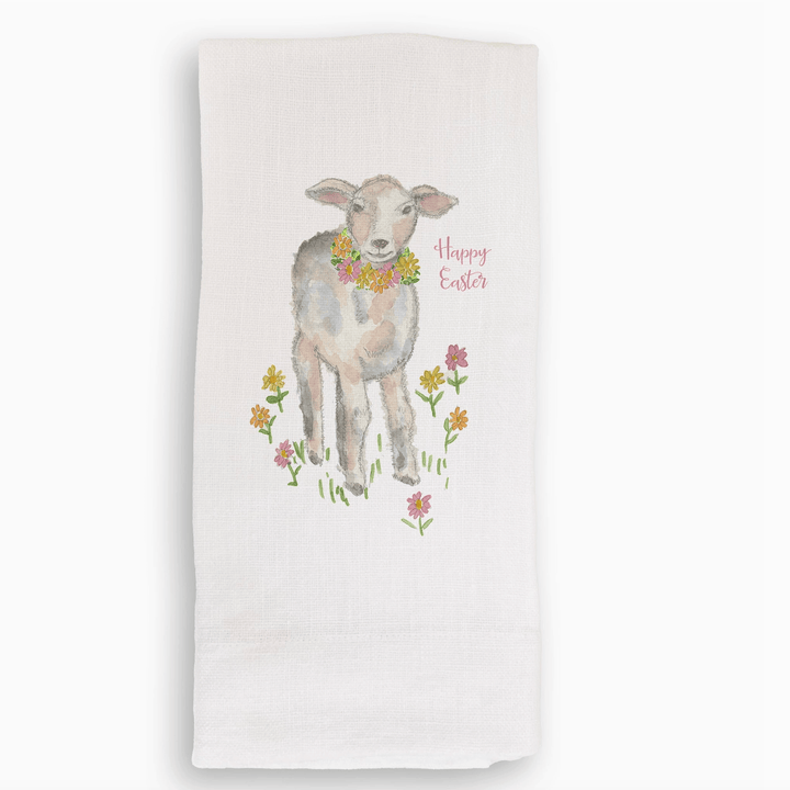 Floral Easter lamb design on a white towel with 'Happy Easter' text.