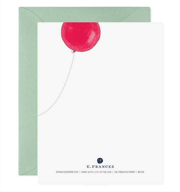 Card with a pink balloon and green envelope, featuring E. Frances Paper branding.