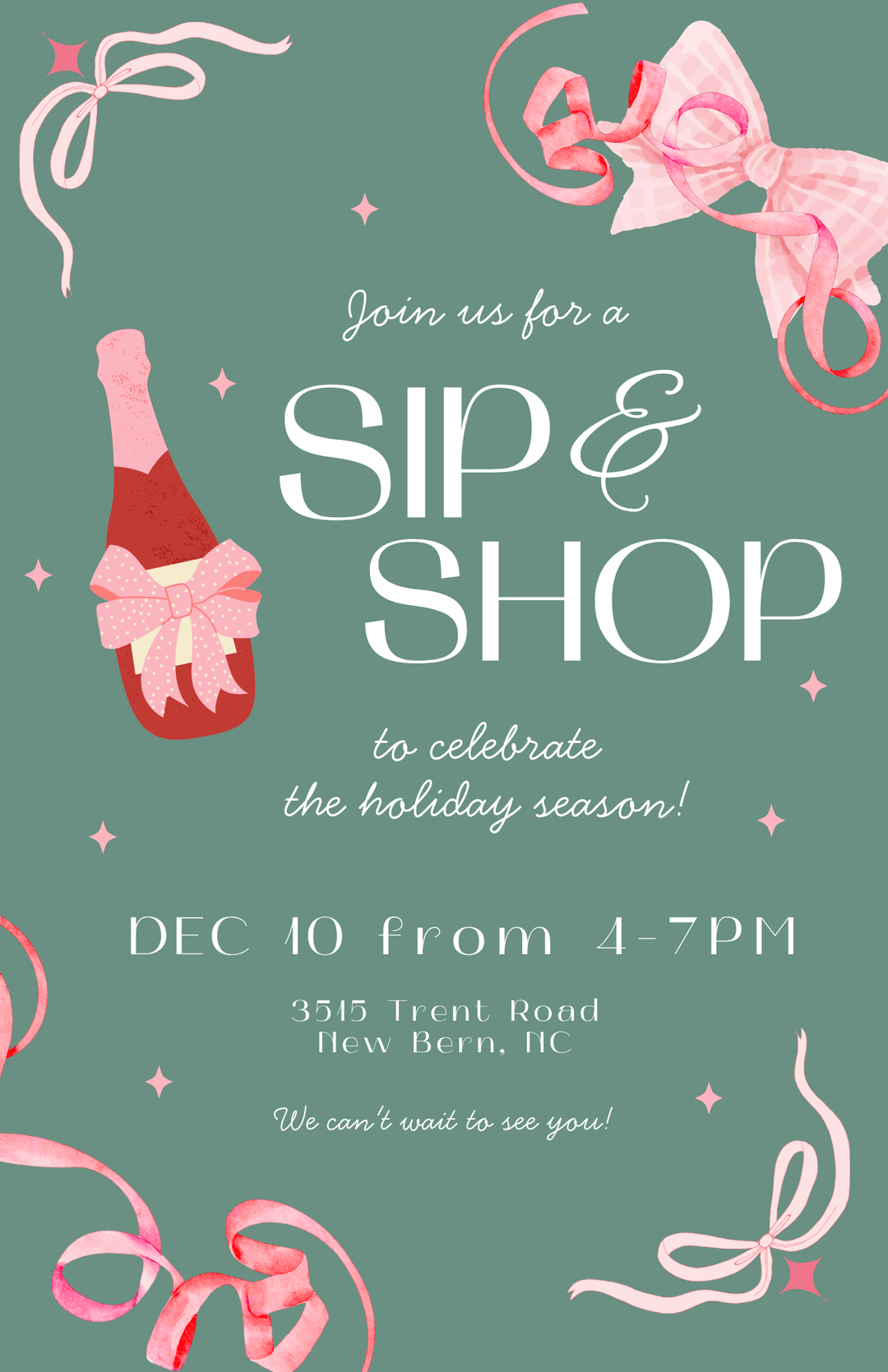 Invitation card for a 'Sip & Shop' event with champagne bottle and ribbons on a green background