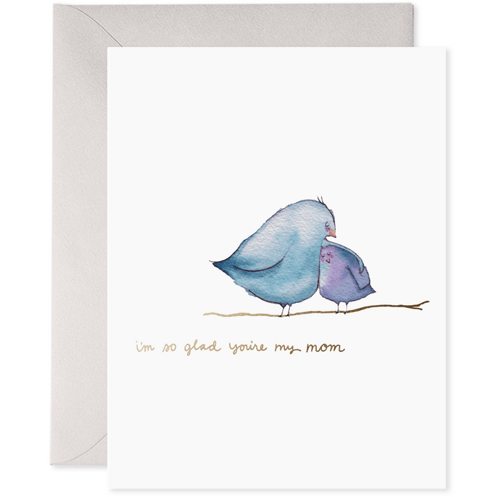 Greeting card with two birds on a branch and text 'I'm so glad you're my mom' on a white background.