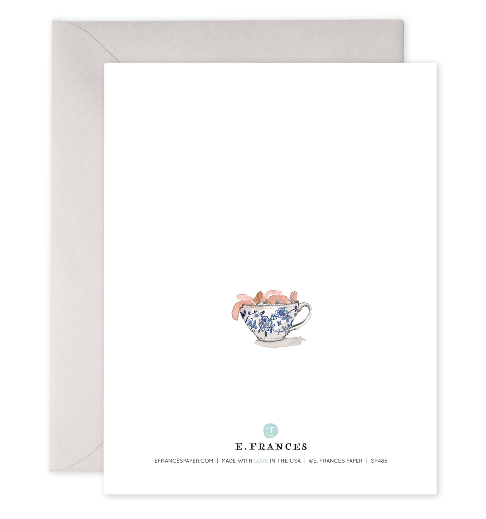 Greeting card with a teacup illustration and E. Frances branding.