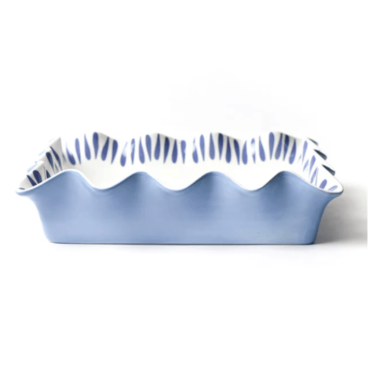 Iris Blue Drop 13" casserole dish with ruffled edge on a white background.