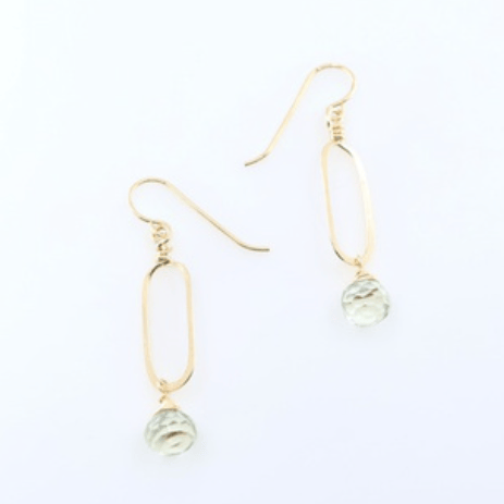 Gold forged link earrings with green amethyst briolette drop on white background.