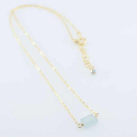 Single faceted milky aquamarine rectangle on 14K gold filled chain necklace.