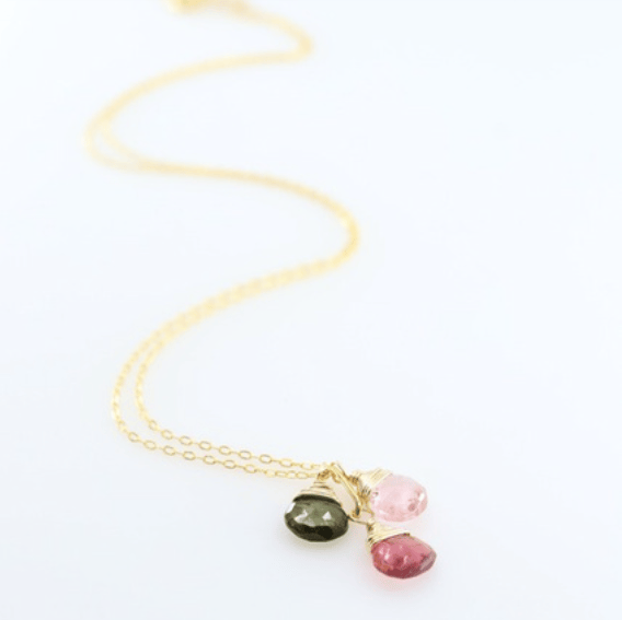 14K gold filled fine chain necklace with 3 hand cut faceted watermelon tourmaline heart teardrops on white background.