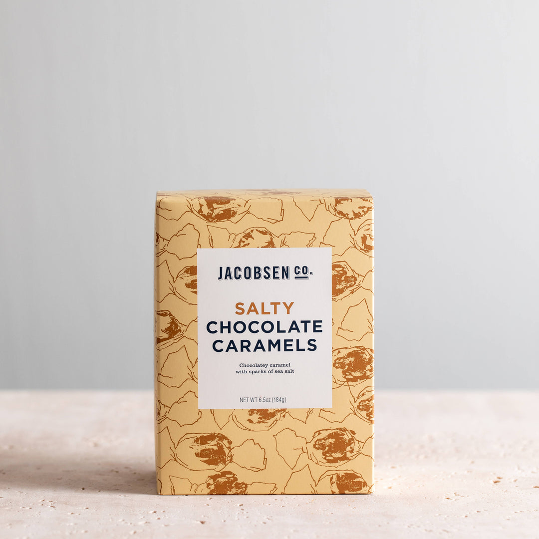 Box of Jacobsen Salty Chocolate Caramels on a light background