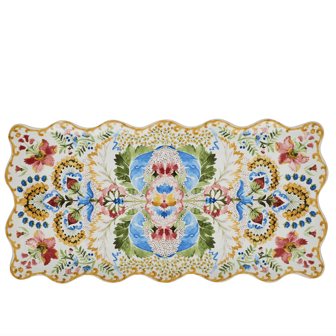 Decorative placemat with floral and butterfly pattern on a white background