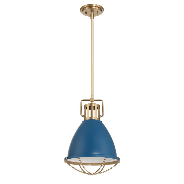 A modern pendant light with a blue metal dome shade and a brass/gold-toned cage and hanging rod, shown against a plain white background.