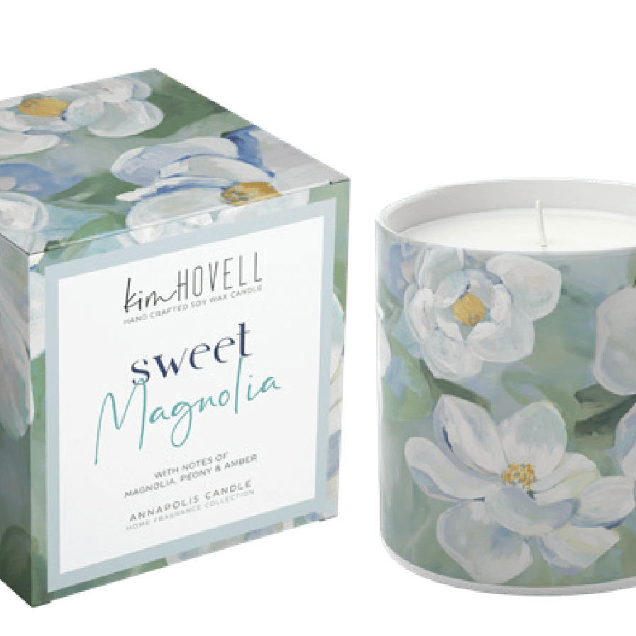 Candle with floral design packaging featuring 'kim hovell' branding.