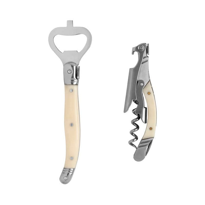 Wine opener and corkscrew with faux ivory handles on a white background