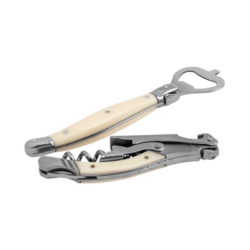 Wine opener and corkscrew with a faux ivory handle on a white background