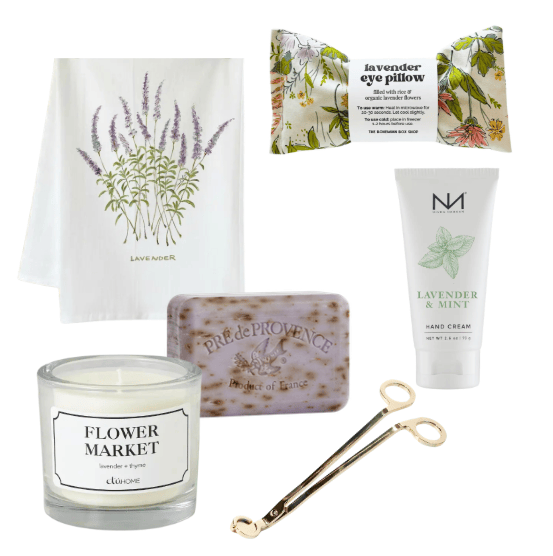Collection of lavender-themed products including a candle, soap, and skincare items on a white background.