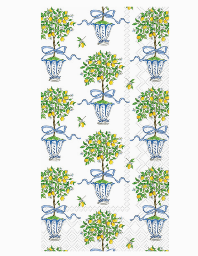 Paper guest napkin with Pattern of potted trees with lemons and blue ribbons on a white background