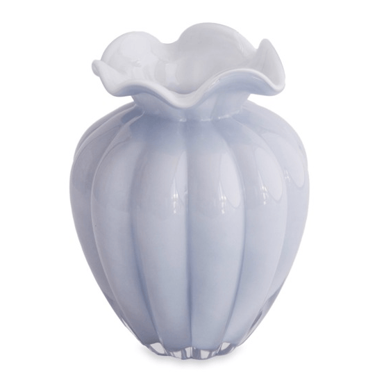 Light blue glass vase with a textured design on a white background