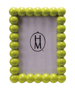 Lime green beaded picture frame with a visible brand logo on a white background