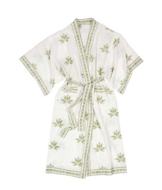 Kimono-style cotton robe with hand-block-printed lotus design in olive green - One size fits most: 54Lx24W inches (shoulder to shoulder), sleeves are 13L inches, belt is 72L - Sleeves are 16W inches, bottom 8 inches stitched closed - Cold wash, line dry, warm iron - Handmade in India