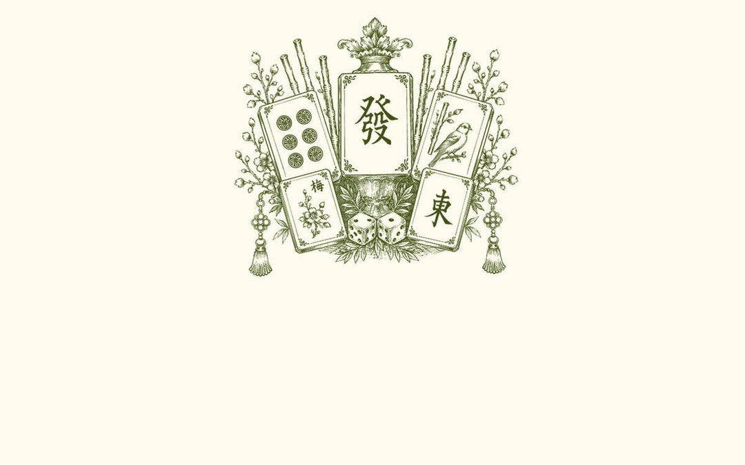 A vintage-style illustrated place card with mahjong tiles, decorative floral elements, and tassels, rendered in muted olive green on a warm cream background.