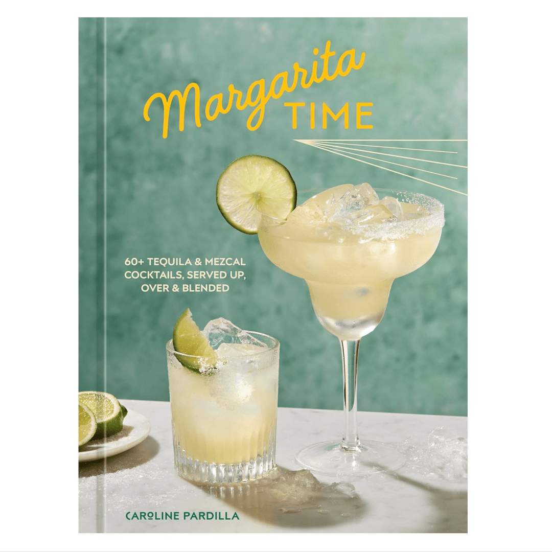 Book cover of 'Margarita Time' with margarita glasses and limes on a green background.