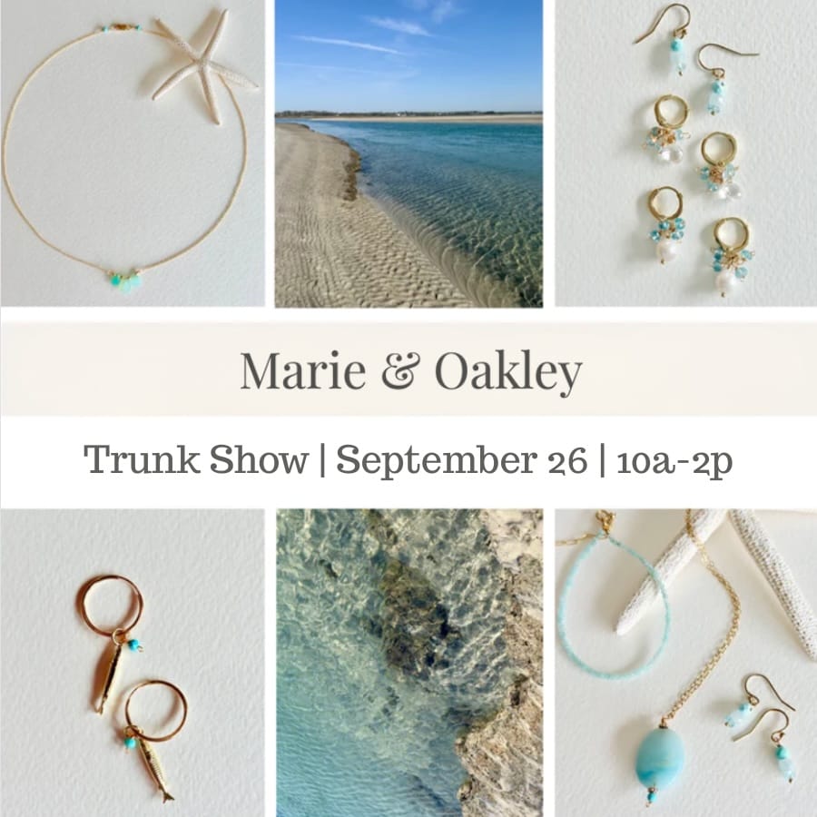 Jewelry display with 'Marie & Oakley' branding and event information.