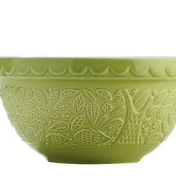 A light green ceramic bowl with an embossed floral pattern and a scalloped rim, shown against a plain white background.