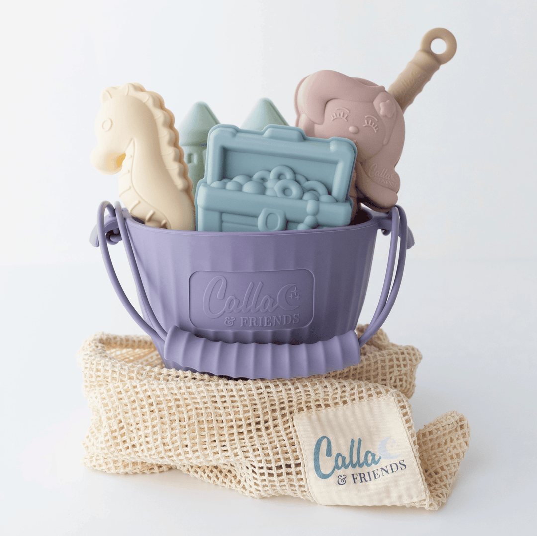 Purple bucket with toy tools and a towel on a white background, featuring 'Calla & Friends' branding.